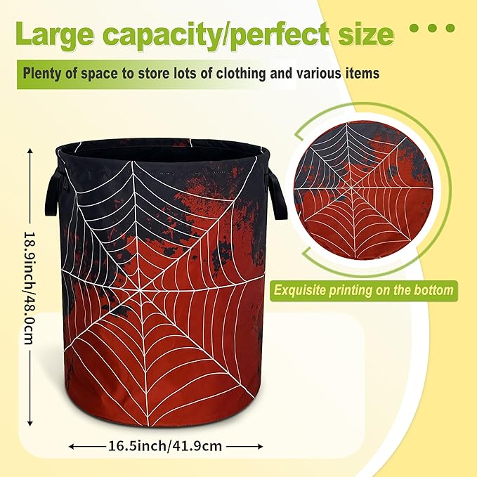 Spider Web Laundry Basket Funny Blood Splatter Foldable Waterproof Oxford Cloth Tote Bag Laundry Hamper Round Large Clothes Storage Bucket Organizer For Bathroom/Laundry Storage/Bedroom 18.9x16.5 Inch