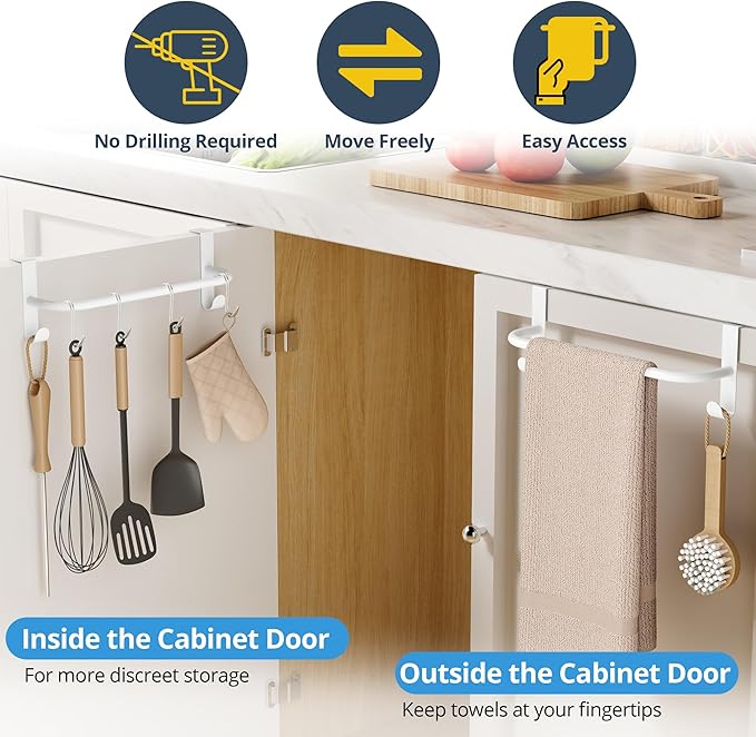 SAYAYO Over Cabinet Towel Bar White, 10 Inch Kitchen Towel Holder with 2 Hooks, Over The Cupboard Door Dish Towel Rack, 2 Pcs (11.5 Inch Total Length)