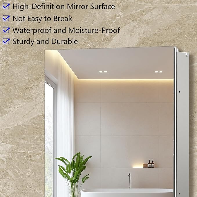 16"x26" Aluminum Medicine Cabinet, Bathroom Cabinet with Mirror,Firm and Durable, Waterproof and Rust-Proof, Recessed or Surface Mount,Assembly Required