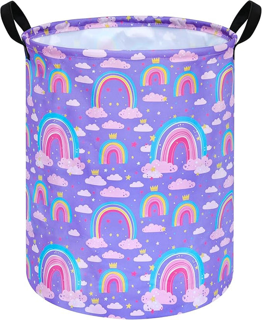 Purple Rainbow 19.7 Inch Round Laundry Clothes Hamper Laundry Basket with Handles,Storage Organizer Bins Laundry Gift Basket for Room, Bedroom Decor