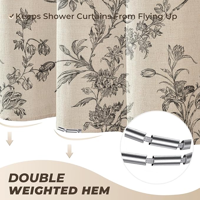 Black Floral Shower Curtain Beige Linen Shower Curtain Boho Farmhouse Shower Curtains for Bathroom Rustic Country Vintage Shower Curtains 72x72 inches