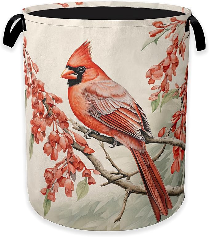 Vintage Cardinal Bird Laundry Hamper,Red Flower Collapsible Laundry Baskets,Waterproof Oxford Cloth Laundry Room Organization for Bedroom,Bathroom,Nursery,16x20 Inch