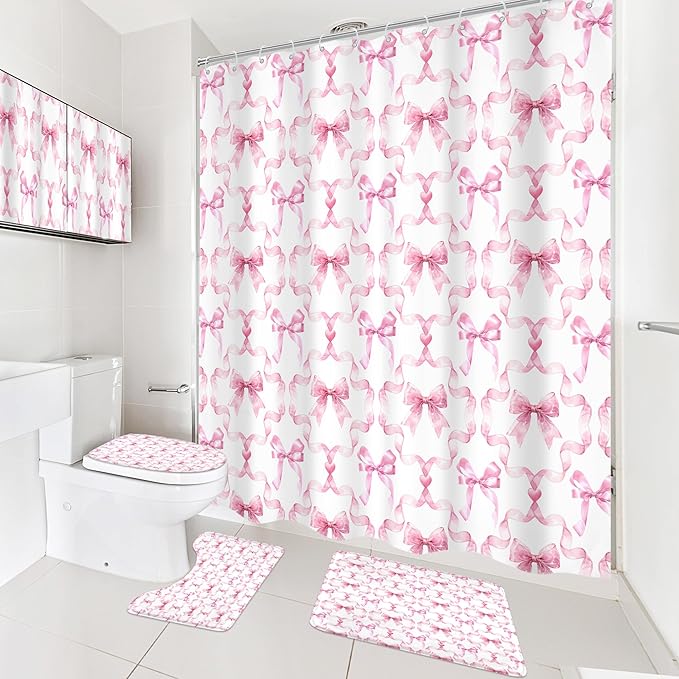Cinbloo 4Pcs Pink Bow Shower Curtain Set, Retro Coquette Preppy Modern Fashion Pretty Sweet Girly Bathroom Curtain with Rug, Toilet Lid Cover, Bath Mat, Aesthetic Shower Curtain with 12 Hooks