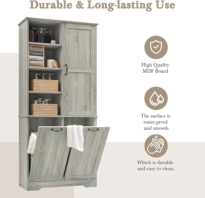 Virubi Tall Laundry Hamper Cabinet with 2 Tilt Out Hamper, Modern Wood Bathroom Laundry Storage Cabinet with Adjustable Shelves, Freestanding,Oak