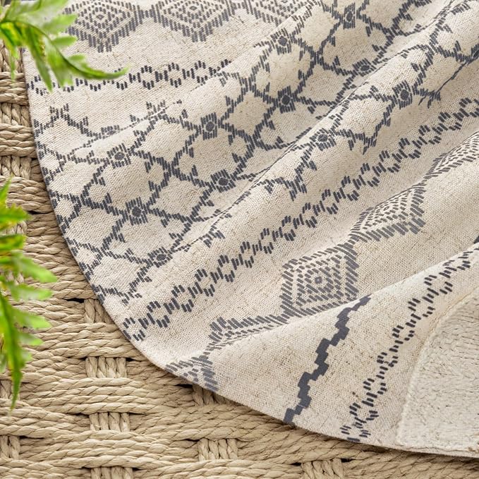 Grey Boho Shower Curtain for Bathroom,Beige Linen with Striped Print and Twine-Inspired Woven Center,72" W x 72" L