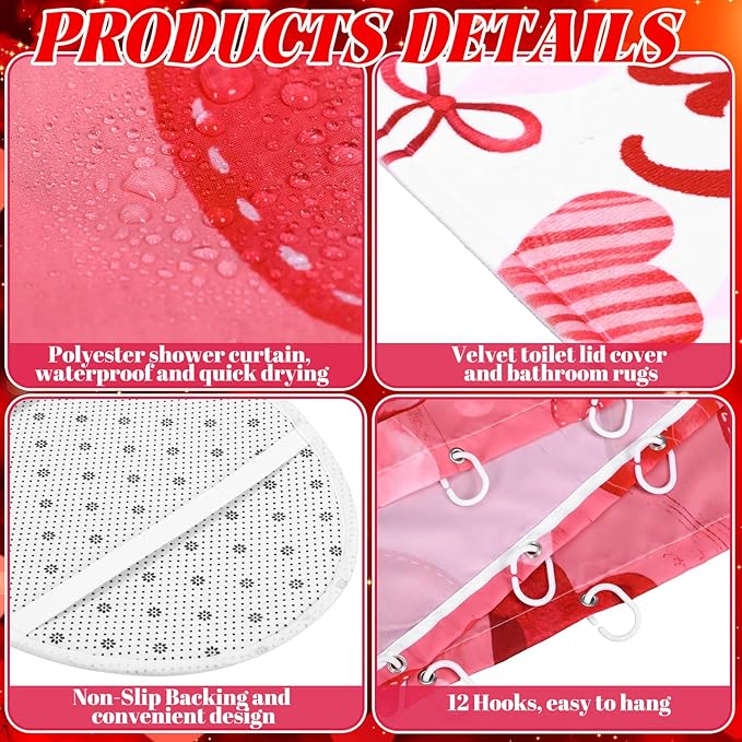 FuWeave 8 Pcs Valentines Shower Curtain Set Red Conversation Hearts Sweet Romantic Bathroom Decor Valentines Day Waterproof Shower Curtain Towels Non Slip Rug Toilet Lid Cover Bath Mat with 12 Hooks