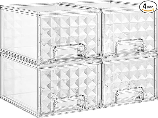 Delamu 4 Pack Stackable Storage Drawers, Makeup Skincare Holder Vanity Storage Organizer, Plastic Drawers For Vanity Desk, Undersink, Kitchen Cabinet, Pantry, Clear, Ideal Christmas Gifts for Girls