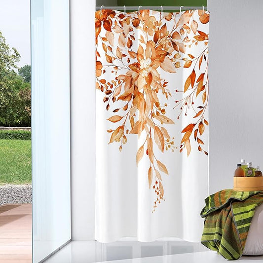 Gibelle Small Stall Shower Curtain 36 x 72, Narrow Orange Floral Shower Curtain for Bathroom, Fall Watercolor Plant Eucalyptus Leaves Fabric Shower Curtain Set