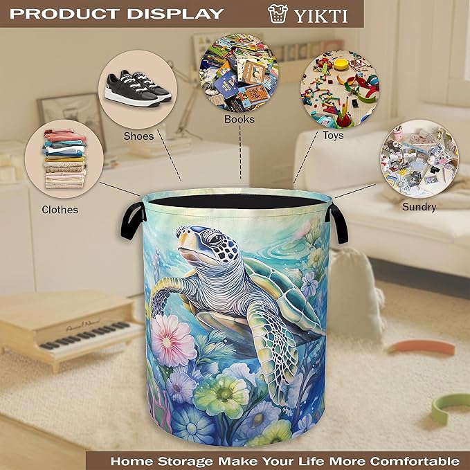 Sea Turtle Laundry Hamper,Ocean Flower Coral Clothes Hamper for Laundry,Waterproof Oxford Toy Storage Collapsible Hampers for Bedroom, Dorm Room,Bathroom,16x20 Inch