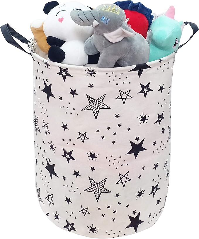 KUNRO Round Laundry Gift Basket Storage Hamper, Clothes Storage Organizer Bins, Shelf Basket with Handles for Room Decor (Black Star)
