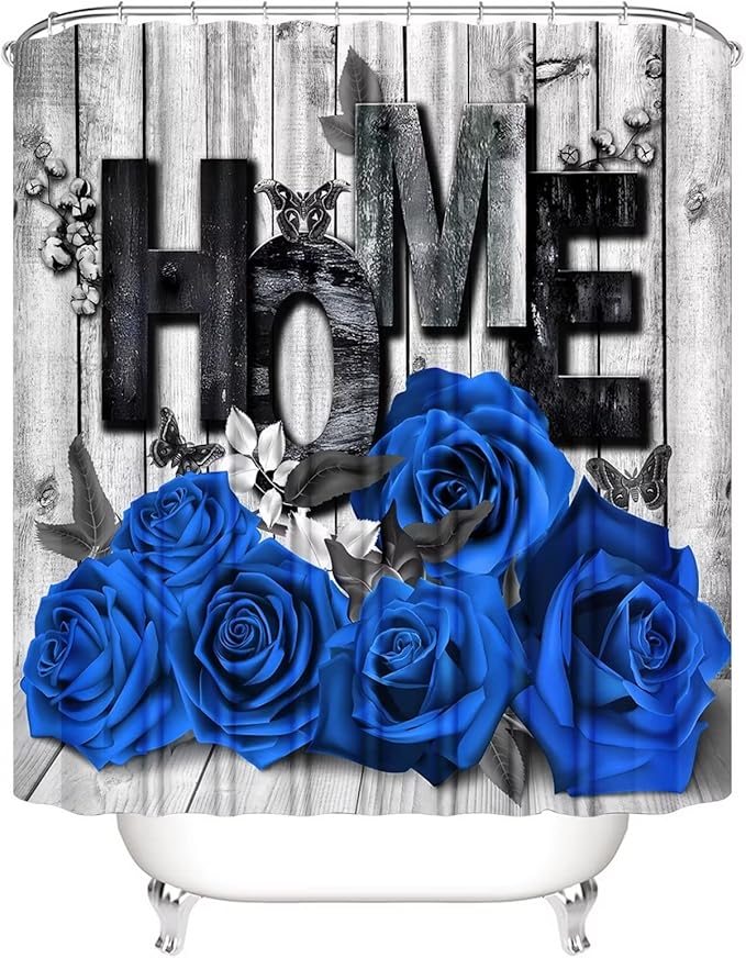 Yddsky Blue Rose Valentines 4 Pcs Shower Curtain Sets Non-Slip Rugs Bath Mat Toilet Cover U Shaped Mat Romantic Blue Bathroom Decor with 12 Hooks Valentines Day Bathroom Set