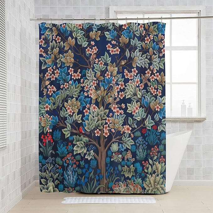 William Morris Floral Shower Curtain,Watercolor Vintage Flower Art Style Shower Curtain Set 72"×72" Inch