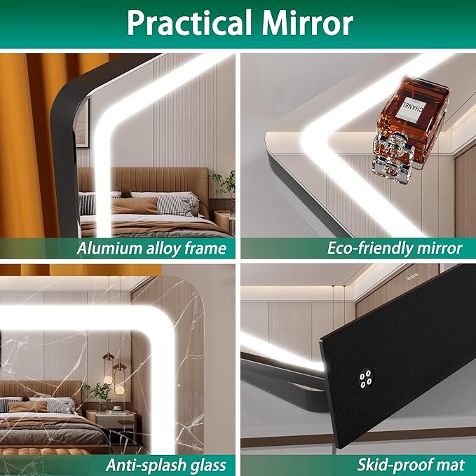 Hasipu Vanity Mirror with Lights, 24.2" x 20" LED Make up Mirror, Light up Mirror with 10X Magnification and USB Charging Port, Phone Holder, Smart Touch 3 Colors Dimmable, 360° Rotation (Black)