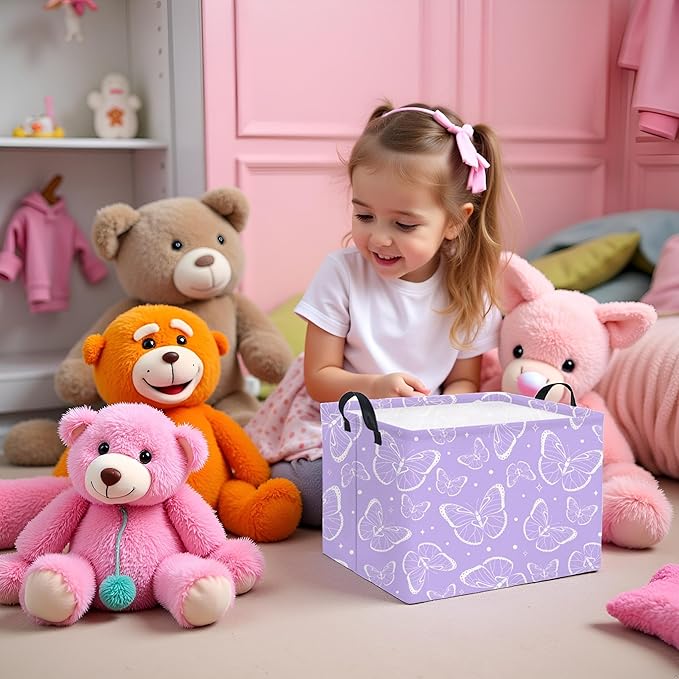 Rectangular Kids Storage Basket Baby Storage Basket with Handles for Home Kitchen Girls Cute Toy Storage Bin Organizer Shelf Book Room Decor(Purple Butterfly)