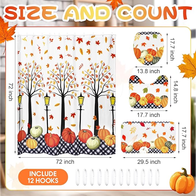 4 Pcs Thanksgiving Shower Curtain Set with Rugs, Leaves Fall Pumpkin Shower Curtains for Bathroom with Non-Slip Rug Toilet Lid Cover Bath Mat and 12 Hooks for Thanksgiving Shower-Room Home Decor