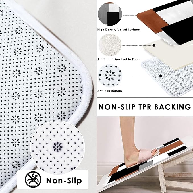 Brown Geometric Shower Curtain Set with Toilet Lid Cover and Non-Slip Rugs for Bathroom, Black Grey White Checkered 4 Pcs Shower Curtain, Modern Abstract Bathroom Set with 12 Hooks