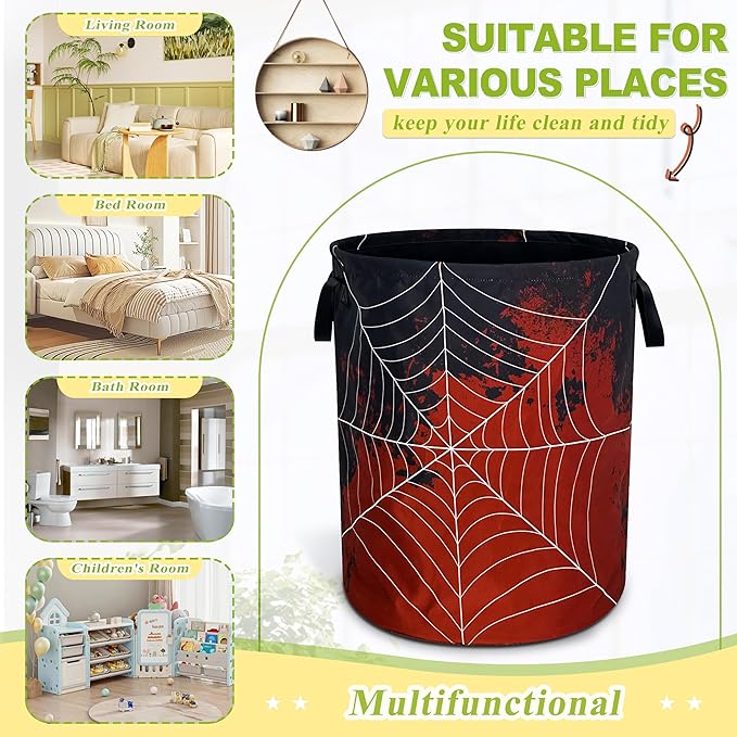 Spider Web Laundry Basket Funny Blood Splatter Foldable Waterproof Oxford Cloth Tote Bag Laundry Hamper Round Large Clothes Storage Bucket Organizer For Bathroom/Laundry Storage/Bedroom 18.9x16.5 Inch