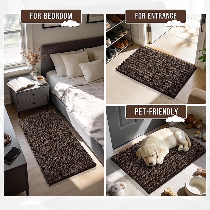 Yimobra Bathroom Runner Rug 60x24 Inch - Extra Long Non Slip Chenille Bath Mat, Soft & Absorbent, Machine Washable Shaggy Hallway Carpet for Vanity Tub Shower, Brown Home Decor Accessories