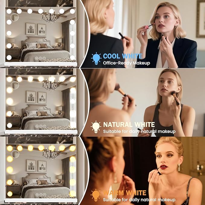 Vanity Mirror with Lights, 23"×18" Large Hollywood Makeup Mirror with 15 Dimmable Bulbs, 3-Color Lighting, Dimmable, 10x Magnification, Desk Mirror, Bedroom (White)