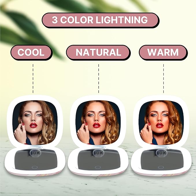 Lighted Makeup Compact Mirror, 3.9 Inch – 1x/10x Magnification Portable, LED – Auto Light On/Off - USB Charging, (Blush Marble)