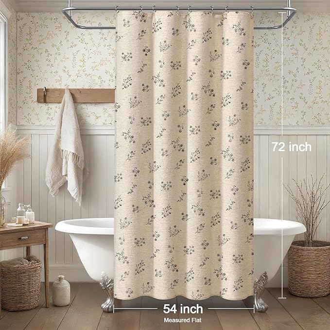 Black Floral Vintage Linen Shower Curtain, French Country Shower Curtains for Bathroom, 54Wx72H