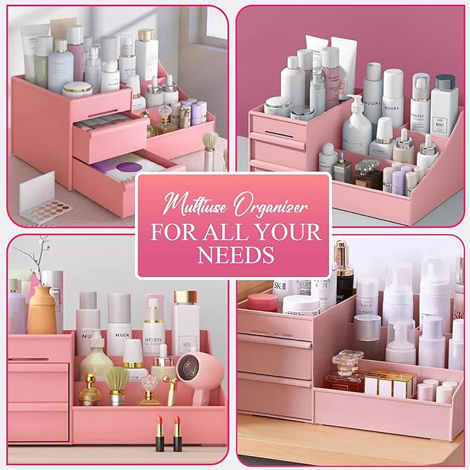 Makeup Organizer Countertop With 4 Beauty Blenders - Skincare and Bathroom Storage for Vanity and Counter (Pink)