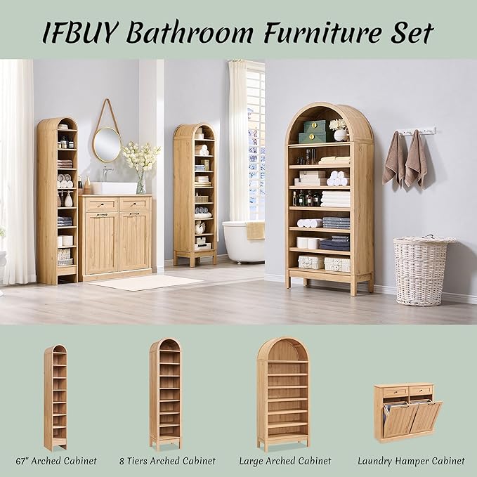 IFBUY Double Tilt Out Laundry Hamper Cabinet, 20 Gallon Farmhouse Trash Can Cabinet with Drawer, Hidden Wood Garbage Can Bin Cabinets with Laundry Storage Basket for Bathroom, Kitchen (Natural)