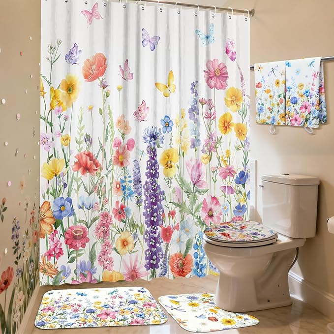 Tatuo 8 Pcs Spring Wildflower Shower Curtain Set Watercolor Floral Bathroom Accessories Decor Farmhouse Plants Butterfly Waterproof Shower Curtain with Towels Carpet Bath Mat Toilet Rugs and 12 Hooks