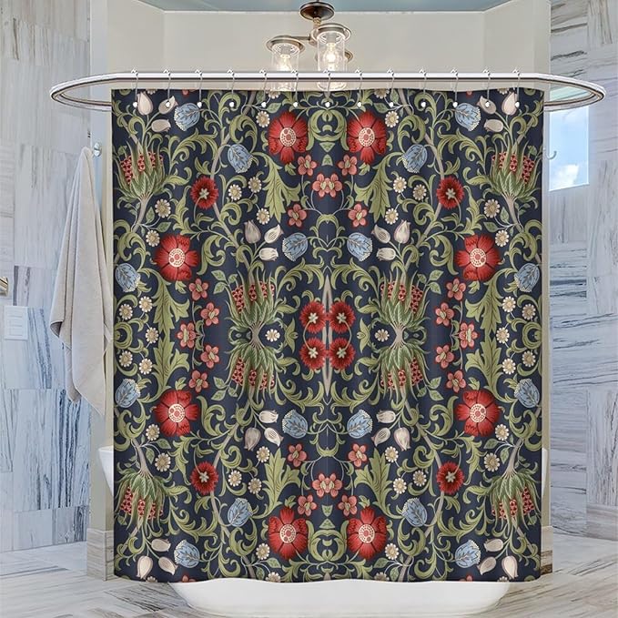 Boho Watercolor Floral Shower Curtain William Morris Design Heavy Duty Fabric Shower Curtain Set Bathroom Polyester Waterproof Shower Curtain 72x72 Inches(183x183cm), Style