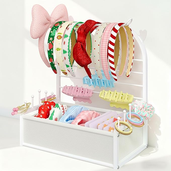 Hair Accessories Organizer for Girls, Headband Holder Stand with Storage Base, Deer Antler Display for Headbands, Scrunchies, Bows & Clips, Cute Vanity Organizer, White