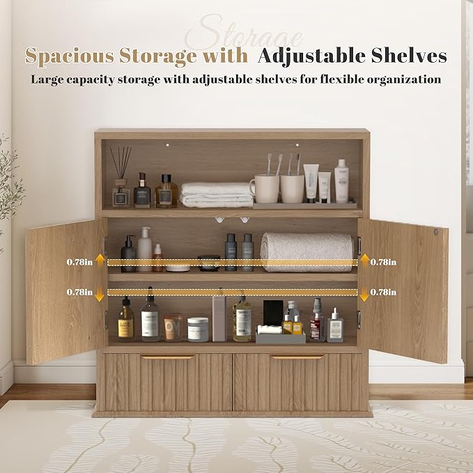 Fluted Bathroom Wall Cabinet with Drawers, Wooden Medicine Cabinet Organizer Over The Toilet, Wall Mounted Storage Cabinet with Open Shelf for Bathroom, Kitchen, and Laundry Room (Walnut)