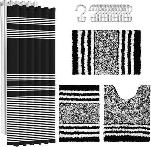 Britimes Black Stripes Bathroom Sets with Shower Curtain and Rugs, Minimalist Striped Modern Waterproof Shower Curtain Liner and Soft Non Slip Bath Mat for Bathroom Decor and Accessories Hooks