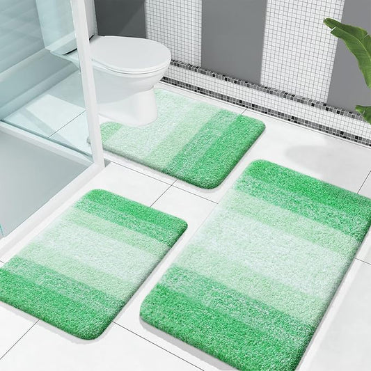 OLANLY Bathroom Rugs Sets 3 Piece, Soft Absorbent Microfiber Bath Mats and U-Shaped Contour Toilet Rug, Plush Shaggy Bath Mat Set for Bathroom (30"x20"+24"x16"+24"x20", Green)