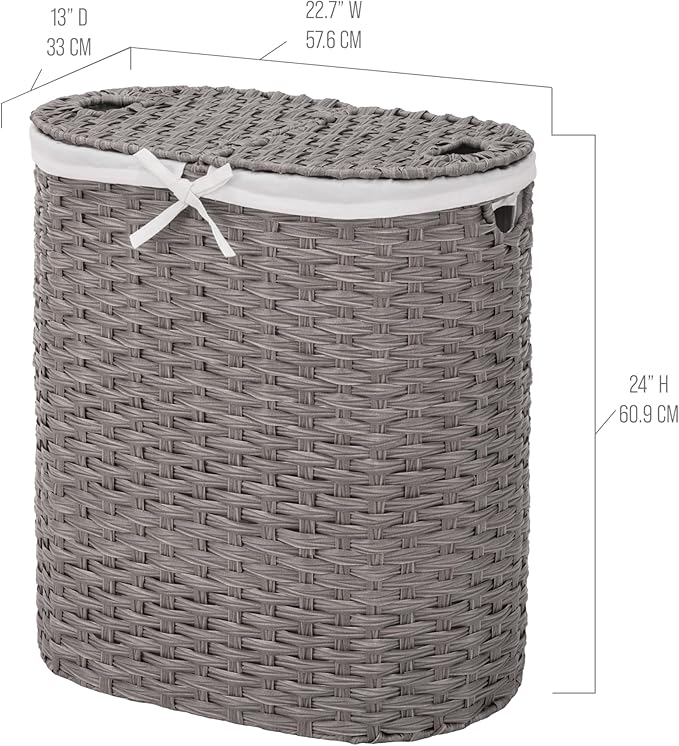 Seville Classics Premium Handwoven Portable Laundry Bin Basket with Carrying Handles, Household Storage for Clothes, Linens, Sheets, Gray, Oval Hamper