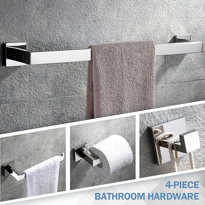 VELIMAX Premium Stainless Steel 4 Pieces Bathroom Hardware Accessories Set Wall Mounted Towel Bar Set, Polished, 24-Inch