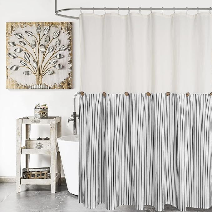 Farmhouse Shower Curtain,Beige and Black Striped,Button Curtain,Spa Waffle and Cotton Woven Fabric,Rustic Charm Country Chic Style,72x84 in