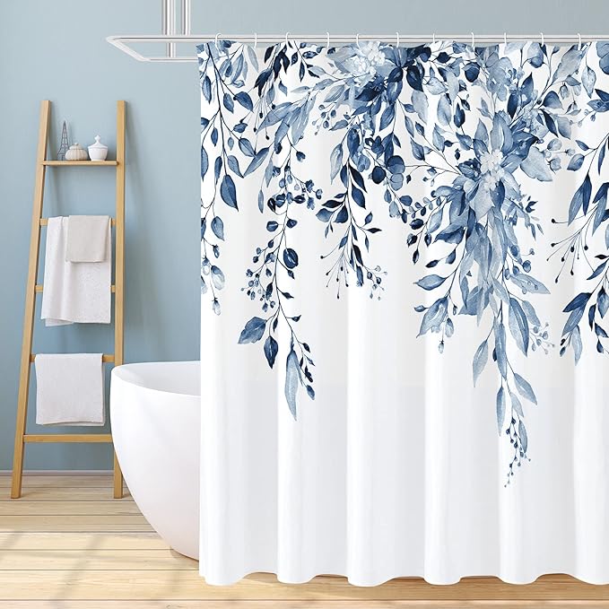 Gibelle Long Shower Curtain 72 x 78, Navy Blue Floral Shower Curtain for Bathroom, Watercolor Plant Eucalyptus Leaves Fabric Shower Curtain Set