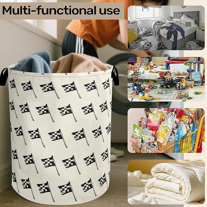 Racing Flag Foldable Canvas Laundry Basket with Handles - Toy Organizer, Heavy Duty for Home，Bedroom, Dorm, Bathroom
