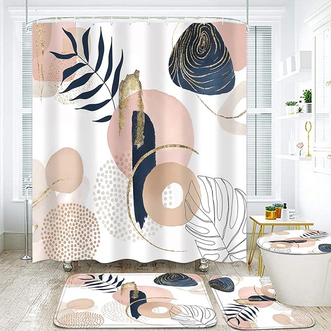 FZDHHY 4PCS Boho Cute Shower Curtains Set Modern Abstract Bathroom Set with Rugs, Minimalist Bathroom Decor Accessories Waterproof for Bathroom with Mat