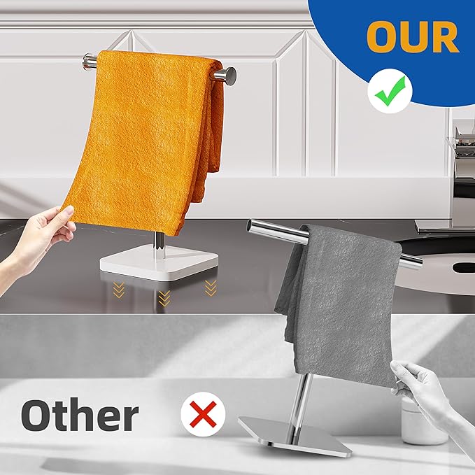 RUACQ Hand Towel Holder, T-Shape Free Standing Hand Towel Holder Stand with Marble Base, 304 Stainless Steel Hand Towel Stand for Bathroom Kitchen Vanity Countertop(Chrome)