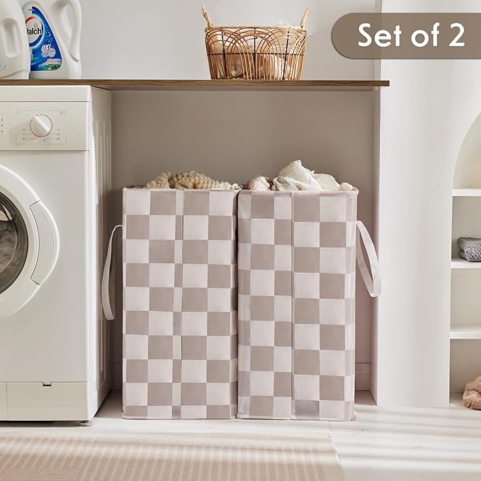 Ohocut Checkered Laundry Hamper, Pack of 2, Large Beige Khaki Collapsible Cloth Hampers Basket for Storage Organization Cute Aesthetic, 2 x 75L