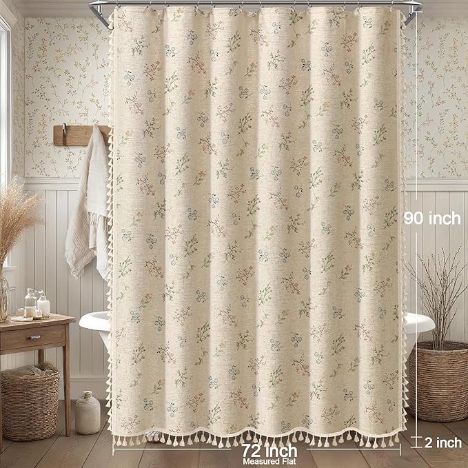 Floral Vintage Linen Shower Curtain, French Country Shower Curtains for Bathroom with Tassels, 72Wx90H