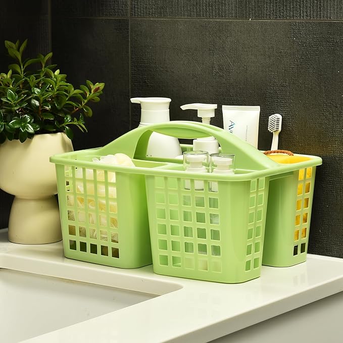 ALINK Plastic Shower Caddy Basket with Compartments, Portable Divided Cleaning Supply Storage Organizer with Handle for College Dorm Bathroom - Green
