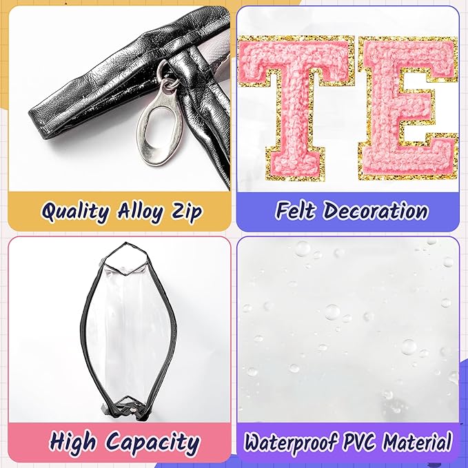 CY2SIDE TEACH Clear Makeup Bag - Pink TEACH Letter Patch Cosmetic Bag with Handle for Travel PVC Zipper Clear for Toiletries Waterproof Portable Travel Organizer Teacher Appreciation Gifts, Black