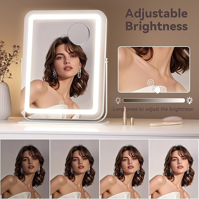 Hasipu Makeup Vanity Mirror with Lights, 11" L x 14" W LED Tabletop Make up Mirror for Desk, Lighting & Brightness Adjustment, 360°Rotation, 10x Magnification