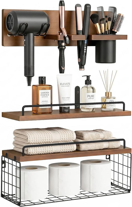 Wall Mounted Bathroom Organizer Shelves Over Toilet, 3-Tier Rustic Wooden Floating Shelf with Metal Basket and Hair Care Styling Tool Holder for Toilet Paper, Towels & Toiletries, Bathroom Decor
