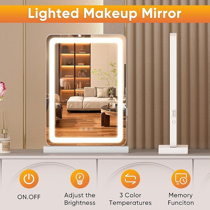 OLIXIS 17"x13" Lighted Vanity Mirror with Lights, Dimmable 3 Color Modes Makeup Mirror with Memory Function, USB Charging, Aluminum Frame, Lighted Mirror for Desk or Bedroom