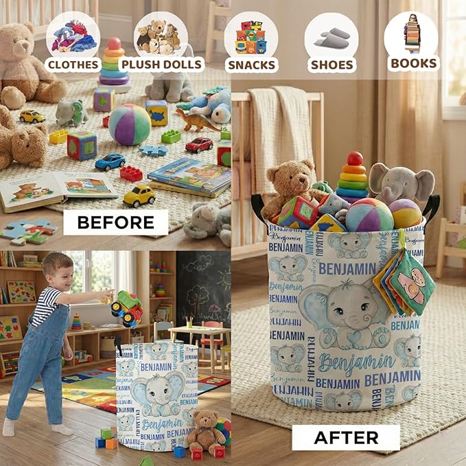 Custom Elephant Laundry Baskets,Cute Personalized Elephant Gifts for Girls,Kids Laundry Hamper,Collapsible Clothes Storage Organizer,One Size