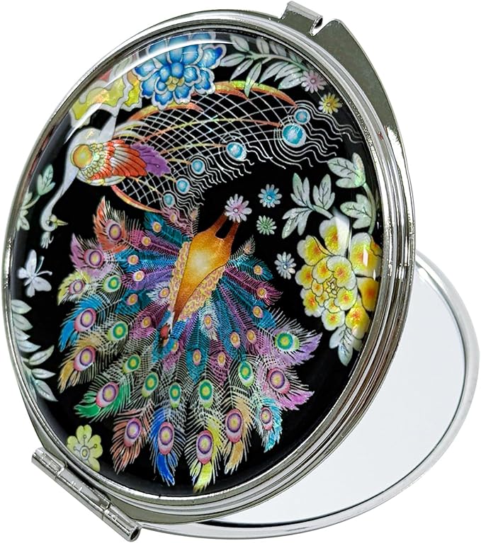 Portable Makeup Compact Double Magnifying Mirror Cosmestic Foldable Pocket Style Unique Mother of Pearl Design (Peacock)
