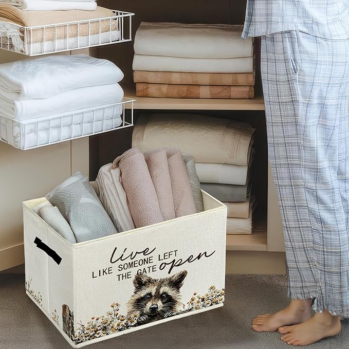 Rustic Raccoon Storage Bins & Boxes with Handles, Farmhouse Raccoon Foldable Basket for Organizing, Live Like Someone Left the Gate Open Collapsible Storage Basket for Bedroom Bathroom Clothes
